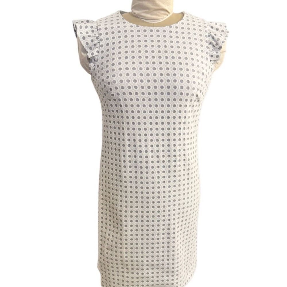 Jessica Howard Sheath Dress Sz.8 White Gray Polka Dots Ruffle Sleeve